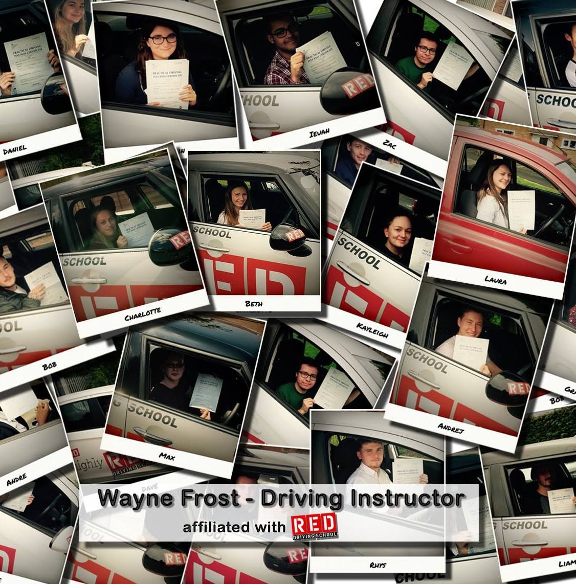 A collage of many of Wayne Frost's driving students holding their pass certificates